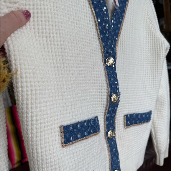 Women's White Cardigan with Blue Trim‎ - Picture 8 of 14